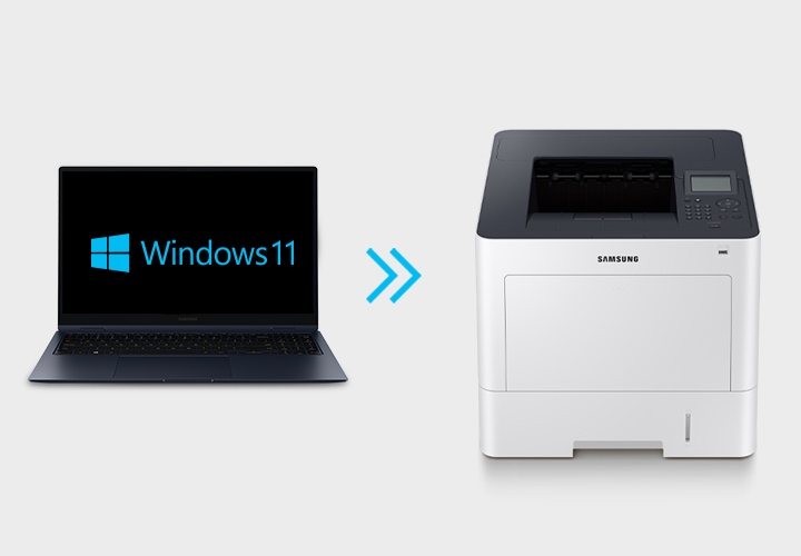 좌측에 화면에 Windows 11을 띄운 갤럭시 북과 우측에 프린터가 있으며, 가운데에 우측으로 향하는 화살표가 보이고 있습니다. 