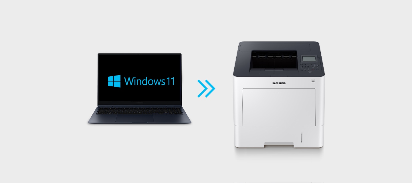 좌측에 화면에 Windows 11을 띄운 갤럭시 북과 우측에 프린터가 있으며, 가운데에 우측으로 향하는 화살표가 보이고 있습니다. 