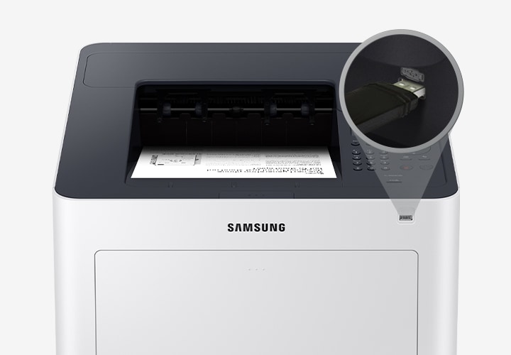프린터의 상단부분과 함께 USB 포트가 상세히 보이고 있습니다.