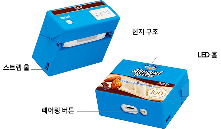 우측에 제품에 장착된 아몬드 브리즈 초콜릿 케이스의 앞면과 바닥이 보이면서 LED 홀, 페어링 버튼 등을 상세히 설명하고 있으며, 좌측에는 제품의 뒷면과 옆면이 보이며 스트랩 홀과 힌지 구조에 대해 상세히 설명하고 있습니다.