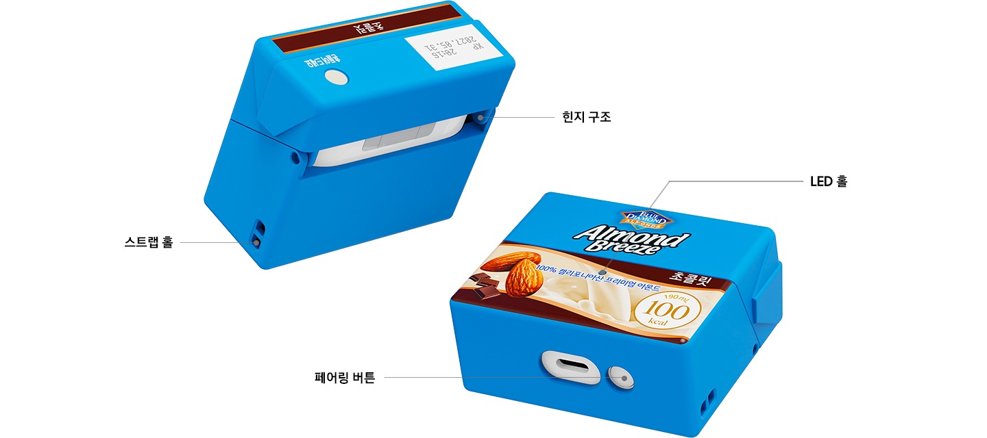 우측에 제품에 장착된 아몬드 브리즈 초콜릿 케이스의 앞면과 바닥이 보이면서 LED 홀, 페어링 버튼 등을 상세히 설명하고 있으며, 좌측에는 제품의 뒷면과 옆면이 보이며 스트랩 홀과 힌지 구조에 대해 상세히 설명하고 있습니다.