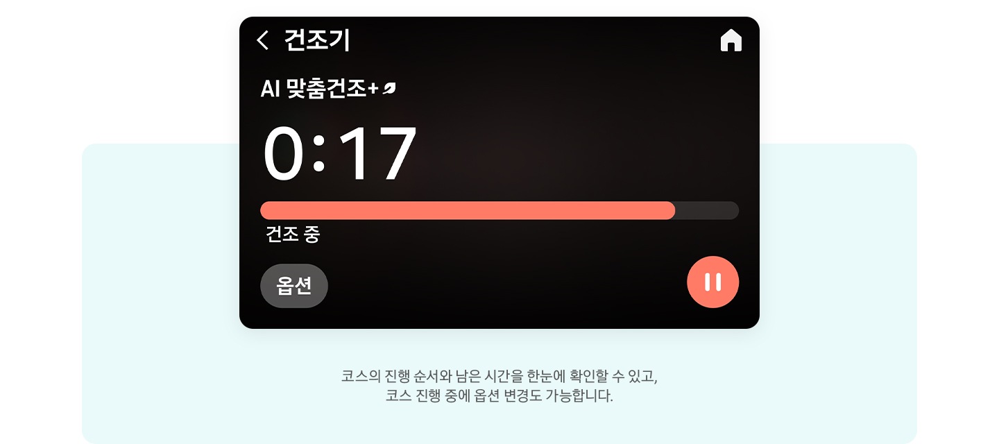 LCD화면과 문구 있습니다. 코스의 진행 순서와 남은 시간을 한눈에 확인할 수 있고, 코스 진행 중에 옵션 변경도 가능합니다.