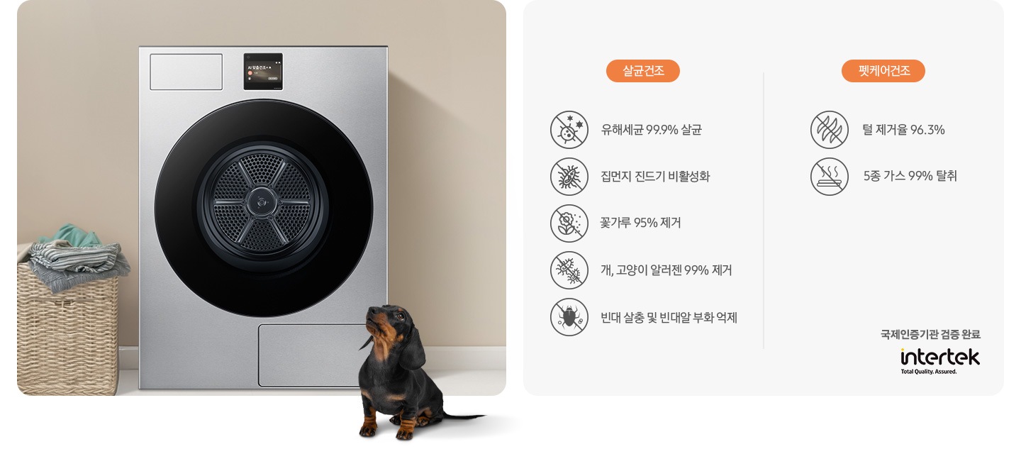 건조기가 중앙에 설치되어 있고 좌측에 라탄 바구니 안에 빨랫감이 들어있습니다. 건조기 앞에는 닥스훈트 강아지가 있는 연출된 이미지 입니다. 살균 코스-유해세균 99.9% 살균 문구와 아이콘, 집먼지 진드기 비활성화 문구와 아이콘, 꽃가루 95% 제거 문구와 아이콘, 개, 고양이 알러젠 99% 제거 문구와 아이콘, 빈대 살충 및 빈대알 부화 억제 문구와 아이콘이 나와있습니다. 펫케어 코스-털 제거율 96.3% 문구와 아이콘, 5종 가스 99% 탈취 문구와 아이콘이 나와있습니다. 우측 하단에는 국제인증기관 검증 완료 문구와 intertek 로고가 나와있습니다.