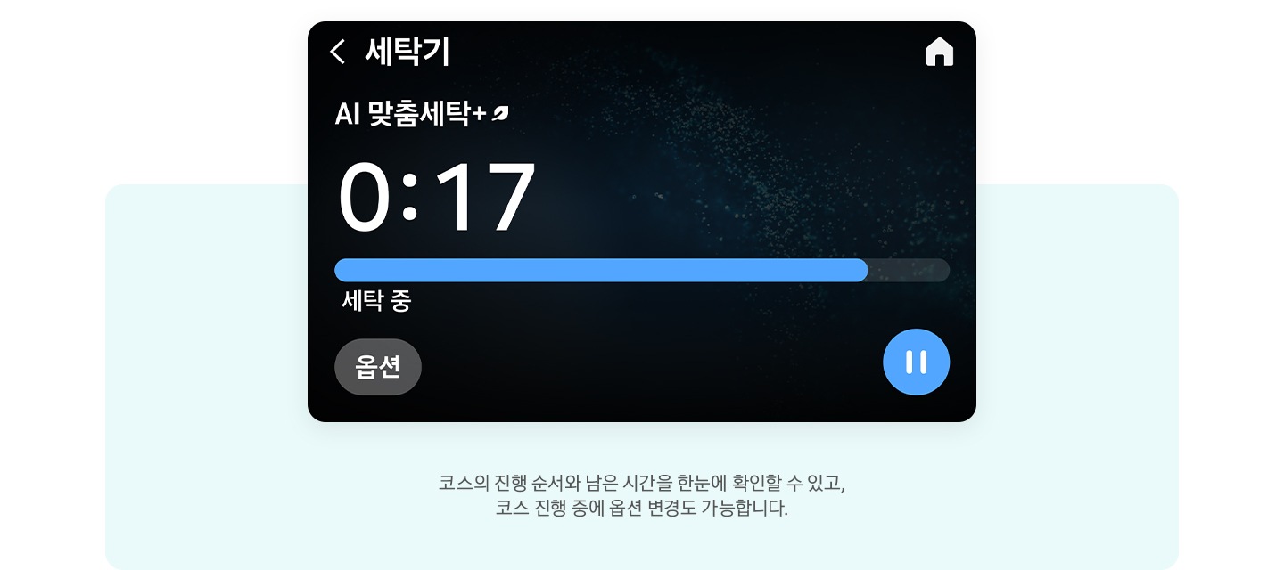 LCD화면과 문구 있습니다. 코스의 진행 순서와 남은 시간을 한눈에 확인할 수 있고, 코스 진행 중에 옵션 변경도 가능합니다.