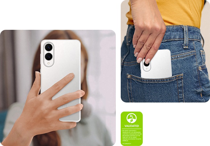 한 여성이 갤럭시 S25 엣지를 뒷면이 바깥쪽을 향하게 하여 손에 들고 있습니다. 다른 여성은 청바지 뒷주머니에 클리어 케이스를 장착한 갤럭시 S25 엣지를 넣고 있습니다. '클리어 케이스에는 최소 0.2% 바이오 소재를 포함하고, 클리어 케이스의 사이드 키에는 39%의 바이오 소재를 포함하고 있습니다. ASTM D6866-24. UL.COM/ECV에 따른 테스트' 라고 적힌 UL 환경 클레임 검증 마크가 표시되어 있습니다.
