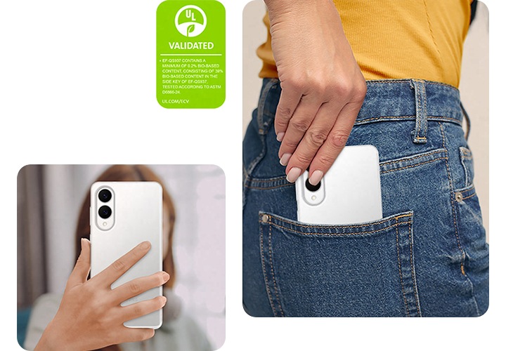 한 여성이 갤럭시 S25 엣지를 뒷면이 바깥쪽을 향하게 하여 손에 들고 있습니다. 다른 여성은 청바지 뒷주머니에 클리어 케이스를 장착한 갤럭시 S25 엣지를 넣고 있습니다. '클리어 케이스에는 최소 0.2% 바이오 소재를 포함하고, 클리어 케이스의 사이드 키에는 39%의 바이오 소재를 포함하고 있습니다. ASTM D6866-24. UL.COM/ECV에 따른 테스트' 라고 적힌 UL 환경 클레임 검증 마크가 표시되어 있습니다.