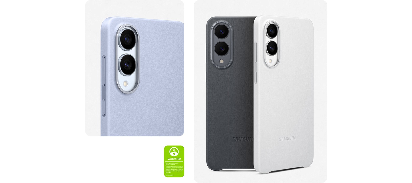 라이트 블루 색상의 카인드수트 케이스가 장착된 갤럭시 S25 엣지의 상단부가 기울어진 각도에서 대각선으로 배치되어 나타납니다. 각각 블랙, 라이트 그레이 카인드 수트 케이스 색상을 장착한 갤럭시 S25 엣지 두 대의 후면부가 수직으로 놓여있습니다. '카인드수트 케이스는 최소 27%의 소비자 재활용 콘텐츠를 함량하고, 케이스에 사용된 플라스틱은 50%의 소비자 재활용 콘텐츠를 포함합니다. UL.COM/ECV'라고 적힌 UL 환경 클레임 검증 마크가 표시되어 있습니다.