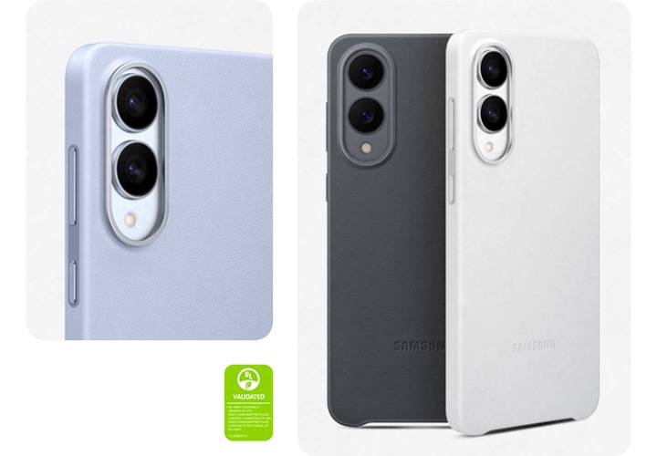 라이트 블루 색상의 카인드수트 케이스가 장착된 갤럭시 S25 엣지의 상단부가 기울어진 각도에서 대각선으로 배치되어 나타납니다. 각각 블랙, 라이트 그레이 카인드 수트 케이스 색상을 장착한 갤럭시 S25 엣지 두 대의 후면부가 수직으로 놓여있습니다. '카인드수트 케이스는 최소 27%의 소비자 재활용 콘텐츠를 함량하고, 케이스에 사용된 플라스틱은 50%의 소비자 재활용 콘텐츠를 포함합니다. UL.COM/ECV'라고 적힌 UL 환경 클레임 검증 마크가 표시되어 있습니다.