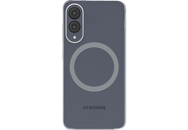 갤럭시 S25 엣지 클리어 마그넷 케이스를 장착한 정면 이미지가 보이고 있습니다.