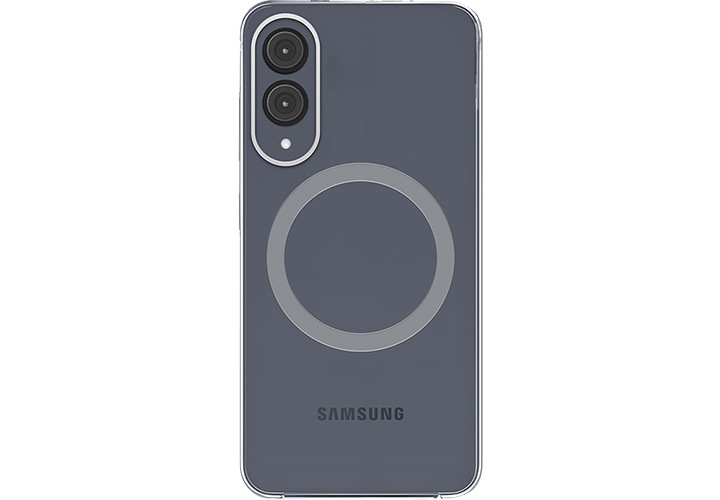 갤럭시 S25 엣지 클리어 마그넷 케이스를 장착한 정면 이미지가 보이고 있습니다.