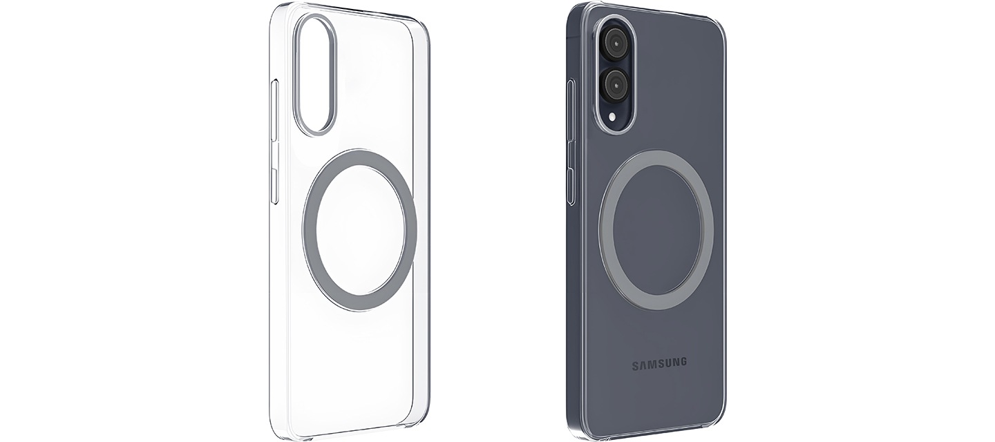 오른쪽 뒤로 45도 정도 기울어진 갤럭시 S25 엣지 클리어 마그넷 케이스와 단말에 장착 후 오른쪽 뒤로 45도 정도 기울어진 갤럭시 S25 엣지 클리어 마그넷 케이스가 왼쪽에서 오른쪽으로 나열되어 있습니다.