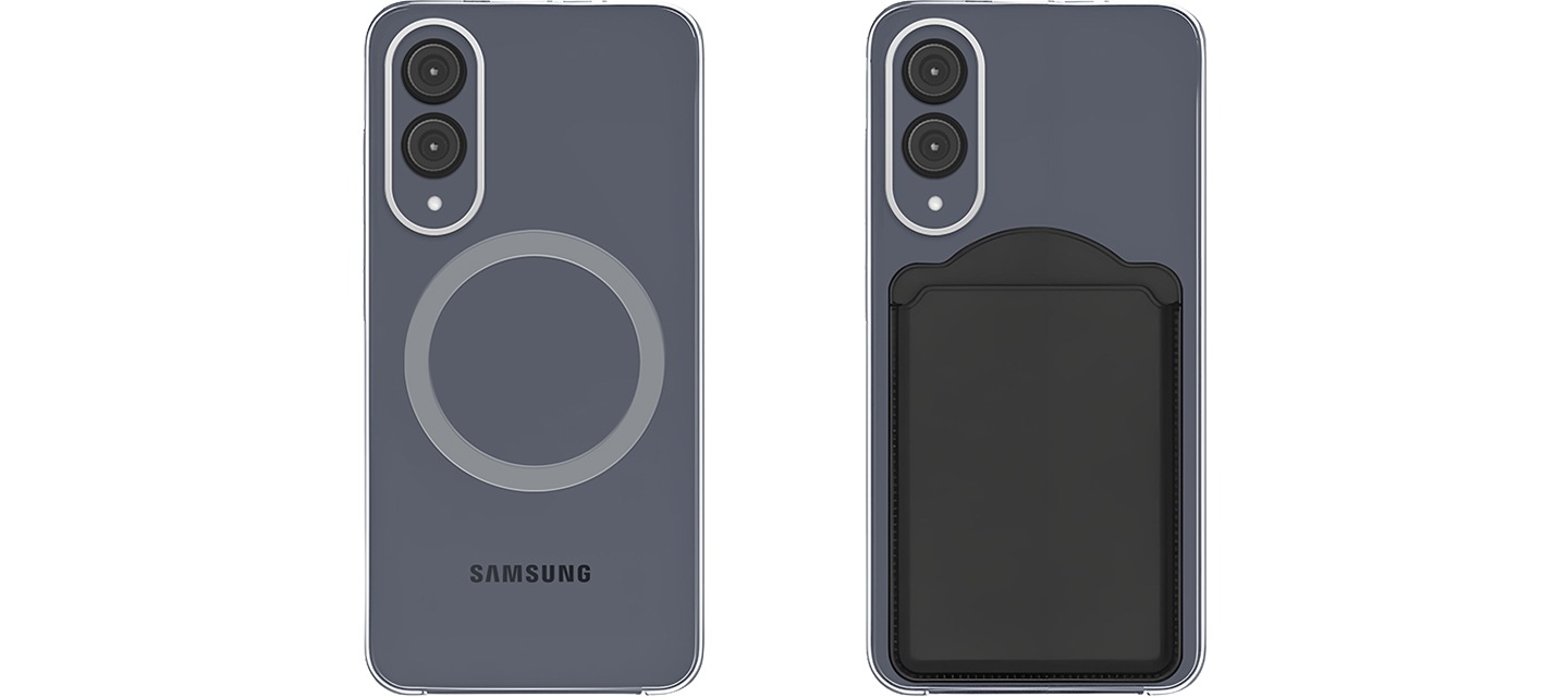 단말에 갤럭시 S25 엣지 클리어 마그넷 케이스를 장착한 정면 이미지와 단말에 갤럭시 S25 엣지 클리어 마그넷 케이스를 장착 후 마그넷 액세서리를 부착한 정면 이미지가 왼쪽에서 오른쪽으로 나열되어 있습니다.