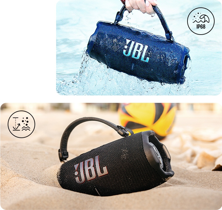 왼쪽은 스피커를 물에 담갔다가 빼는 모습이 보이며, 오른쪽은 모래사장에 스피커가 놓여 있습니다.