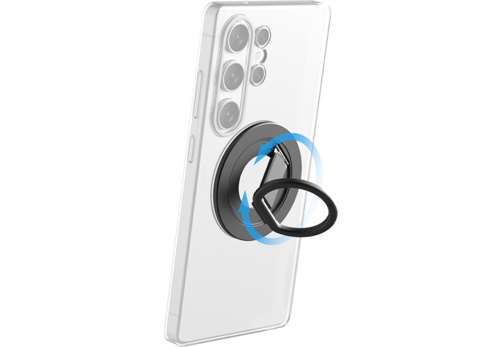 투명 케이스를 씌운 스마트폰이 반투명하게 보여지며 스마트폰 뒷면에 마그네틱 링홀더가 붙어있고, 힌지 부분에 360도 회전함을 보여주는 파란색 화살표가 있습니다.
