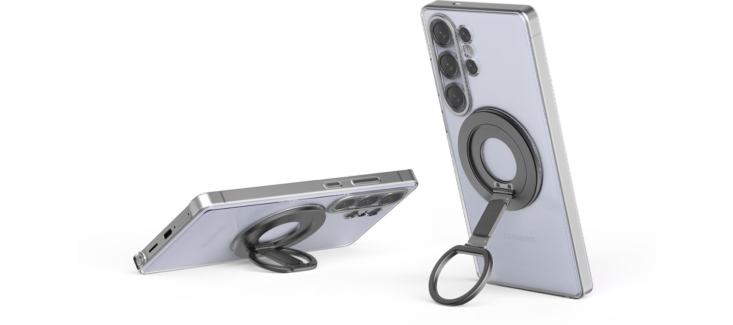 투명 케이스를 끼운 스마트폰에 마그네틱 링홀더가 부착되어 있고, 왼쪽에는 마그네틱 링홀더를 사용해 가로로 눕힌 스마트폰과 오른쪽에는 마그네틱 링홀더를 사용해 세로로 세운 스마트폰이 있습니다.