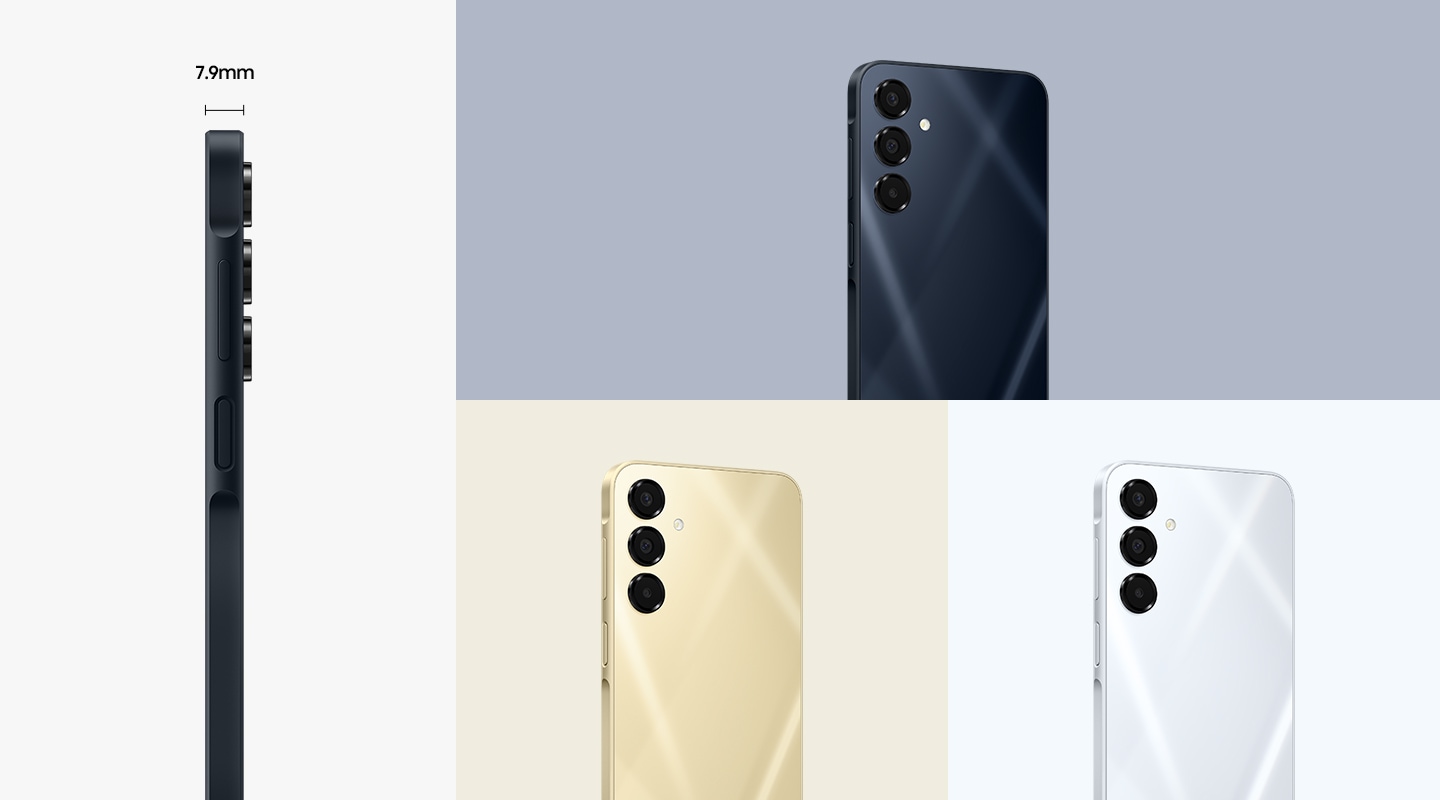 갤럭시 버디4 기기 4대가 화면에 나타납니다. 그중 1대는 측면을 향하고 있으며 ‘7.9mm’라는 문구와 함께 슬림한 두께를 강조합니다. 나머지 3대는 각각 블루 블랙, 골드, 라이트 그레이 컬러로 후면을 향한 채로 배치되어 있습니다.
