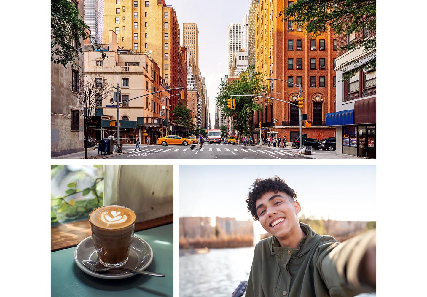 갤럭시 버디4의 광각 카메라로 촬영한 활기찬 도심 속 횡단보도 사진입니다. 라떼가 담긴 컵을 클로즈업한 이미지와 셀카를 찍으며 미소 짓는 남성의 모습도 함께 나타납니다.