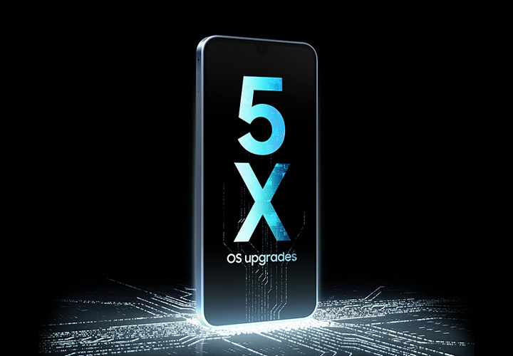 은은하게 빛나는 회로 위에 갤럭시 버디4가 세워져 있고, 화면에는 ‘5X OS 업그레이드’라는 문구가 나타납니다