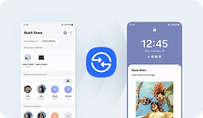 왼쪽 스마트폰 화면에는 공유 가능한 파일과 연락처 목록이 표시되고, 오른쪽에는 ‘퀵 쉐어’를 통해 이미지가 전송되고 있다는 알림과 함께 미리보기가 나타납니다. 화면 중앙에는 퀵 쉐어 아이콘이 표시되어 있습니다.