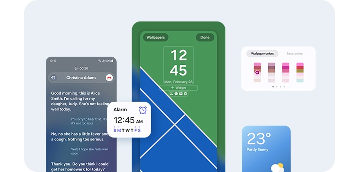 스마트폰이 정면을 향한 상태로 놓여 있고, 잠금화면 설정이 변경되는 과정이 진행됩니다. 화면에는 라이브 번역, 알람, 날씨 위젯, 컬러 팔레트 등의 옵션이 나타납니다.
