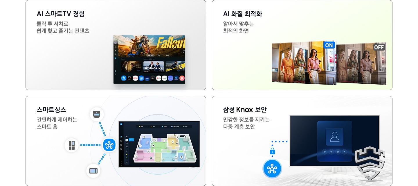 스마트 모니터의 4가지 특장점을 보여줍니다. 첫번째는 AI 스마트TV 경험, 두번째는 AI 화질 최적화, 세번째는 스마트싱스, 네번째는 삼성 Knox 보안 입니다.