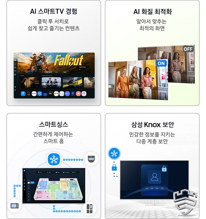 스마트 모니터의 4가지 특장점을 보여줍니다. 첫번째는 AI 스마트TV 경험, 두번째는 AI 화질 최적화, 세번째는 스마트싱스, 네번째는 삼성 Knox 보안 입니다.