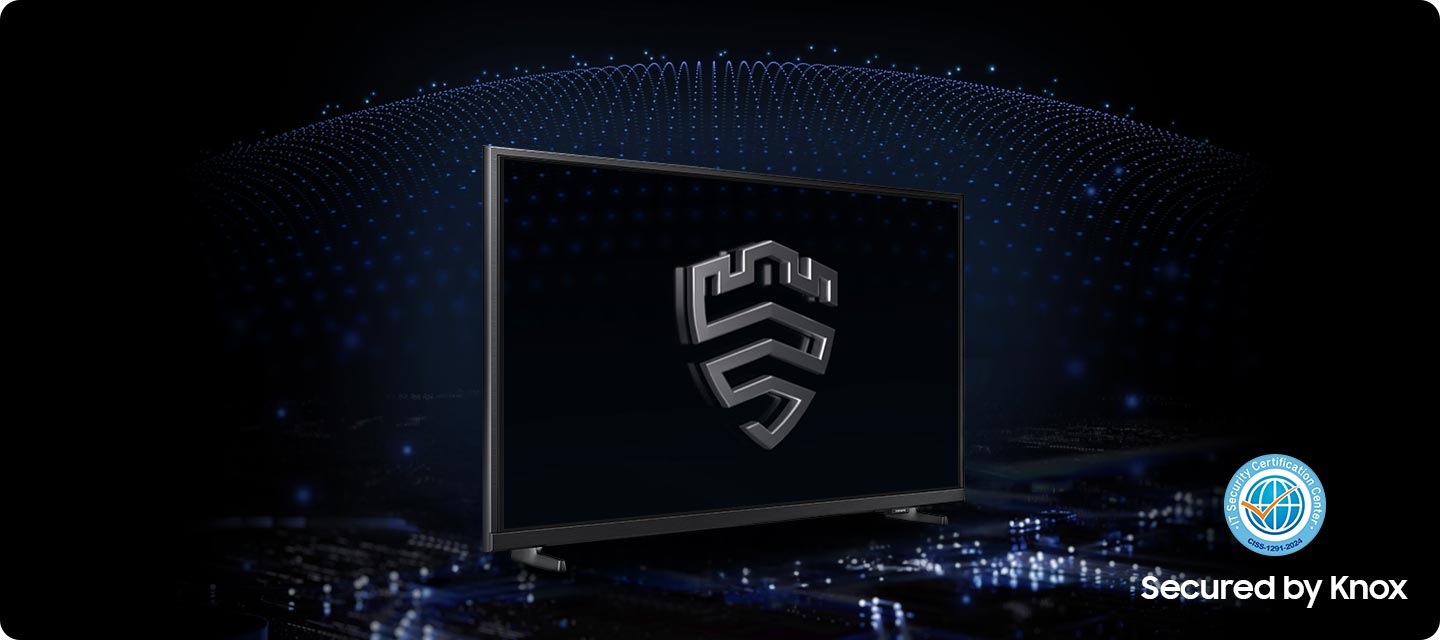 푸른색 배경에 TV가 있습니다. TV 화면에는 Knox 로고가 있습니다.