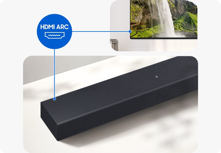TV와 사운드바가 연결되어 있습니다. 그 사이에는 HDMI ARC 아이콘이 보입니다.