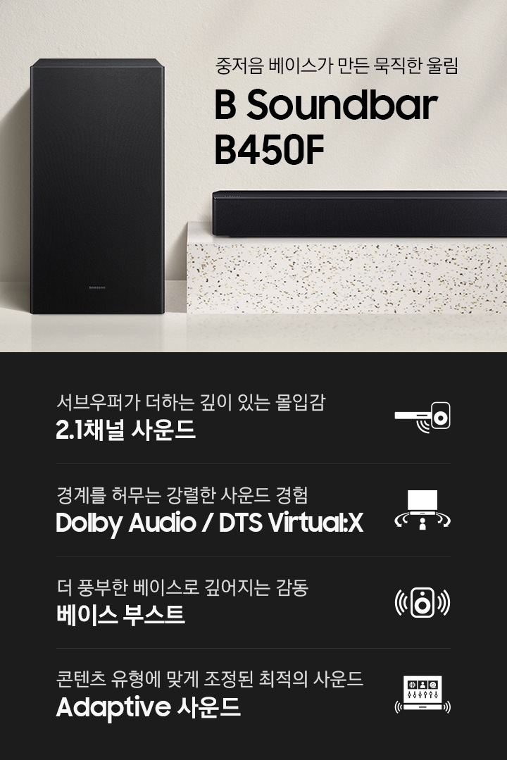 바닥에 사운드바와 서브우퍼가 있습니다. 중저음 베이스가 만든 묵직한 울림 B Soundbar B450F KV입니다. 하단에는 서브우퍼가 더하는 깊이 있는 몰입감 2.1채널 사운드, 경계를 허무는 강렬한 사운드 경험 Dolby Audio / DTS Virtual:X, 더 풍부한 베이스로 깊어지는 감동 베이스 부스트, 콘텐츠 유형에 맞게 조정된 최적의 사운드 Adaptive 사운드 문구와 아이콘이 있습니다.