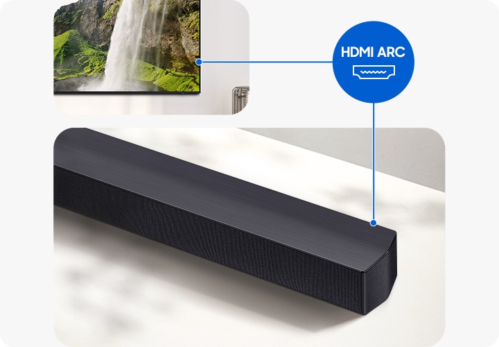 TV와 사운드바가 연결되어 있습니다. 그 사이에는 HDMI ARC 아이콘이 보입니다.