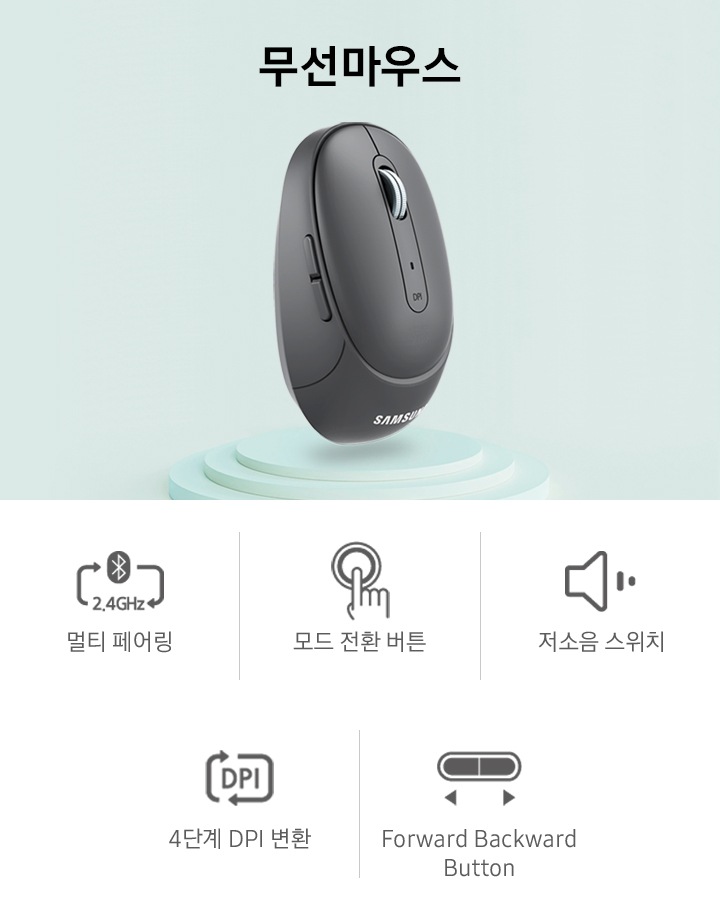 연한 초록색의 배경에 무선 마우스가 보입니다. 하단에 왼쪽부터 멀티 페어링, 모드 전환 버튼, 저소음 스위치, 4단계 DPI변환, Forward Backward Button이 아이콘과 함께 보입니다.