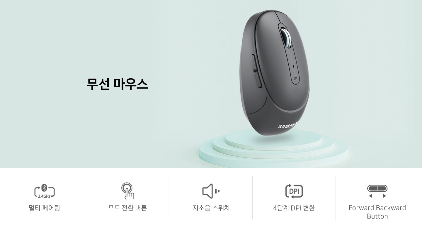 연한 초록색의 배경에 무선 마우스가 보입니다. 하단에 왼쪽부터 멀티 페어링, 모드 전환 버튼, 저소음 스위치, 4단계 DPI변환, Forward Backward Button이 아이콘과 함께 보입니다.