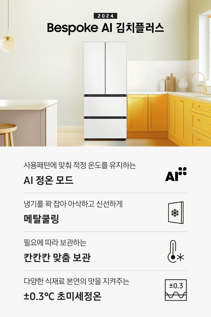 2024 Bespoke 김치플러스 KV 인테리어컷 입니다. 중앙에 Bespoke 김치플러스 4도어 코타 화이트 컬러 제품이 설치되어 있습니다. 김치냉장고 좌측에는 흰색 아일랜드 식탁과 우드 스툴이 놓여있고 그 위로 동그란 조명이 설치되어 있으며 맨 좌측에는 흰색 프레임의 창문이 있습니다. 김치냉장고 우측에는 노란색 패널에 흰색 상판의 하부장이 설치되어 있으며 맨 우측 하얀 창 아래 수전이 설치되어 있고 상판 위에는 화분과 도마 등 각종 오브제가 놓여있는 연출된 이미지 입니다. 인테리어컷 하단에는 4POD가 나와있습니다. 좌측부터 사용패턴에 맞춰 적정 온도를 유지하는 AI 정온 모드 문구와 아이콘, 냉기를 꽉 잡아 아삭하고 신선하게 메탈쿨링 문구와 아이콘, 냉장고 안 김치냄새 섞일 걱정 없는 냄새케어 안심 김치통 문구와 아이콘, 다양한 식재료까지 맞춤 숙성해주는 맞춤숙성실 문구와 아이콘이 나와있습니다.