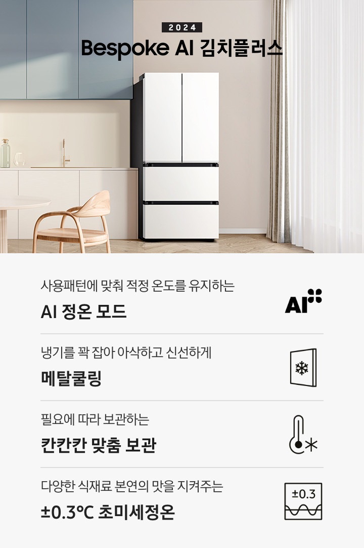 2024 Bespoke 김치플러스 KV 인테리어컷 입니다. 중앙에 Bespoke 김치플러스 4도어 에센셜 화이트 컬러 제품이 설치되어 있습니다. 김치냉장고 좌측에는 흰색 아일랜드 식탁과 우드 스툴이 놓여있고 그 위로 동그란 조명이 설치되어 있으며 맨 좌측에는 흰색 프레임의 창문이 있습니다. 김치냉장고 우측에는 노란색 패널에 흰색 상판의 하부장이 설치되어 있으며 맨 우측 하얀 창 아래 수전이 설치되어 있고 상판 위에는 화분과 도마 등 각종 오브제가 놓여있는 연출된 이미지 입니다. 인테리어컷 하단에는 4POD가 나와있습니다. 좌측부터 사용패턴에 맞춰 적정 온도를 유지하는 AI 정온 모드 문구와 아이콘, 냉기를 꽉 잡아 아삭하고 신선하게 메탈쿨링 문구와 아이콘, 필요에 따라 보관하는 칸칸칸 맞춤 보관 문구와 아이콘, 다양한 식재료 본연의 맛을 지켜주는 ±0.3℃ 초미세정온 문구와 아이콘이 나와있습니다.