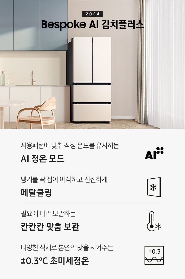 2024 Bespoke 김치플러스 KV 인테리어컷 입니다. 중앙에 Bespoke 김치플러스 4도어 매트 크리미 베이지 컬러 제품이 설치되어 있습니다. 김치냉장고 좌측에는 흰색 아일랜드 식탁과 우드 스툴이 놓여있고 그 위로 동그란 조명이 설치되어 있으며 맨 좌측에는 흰색 프레임의 창문이 있습니다. 김치냉장고 우측에는 노란색 패널에 흰색 상판의 하부장이 설치되어 있으며 맨 우측 하얀 창 아래 수전이 설치되어 있고 상판 위에는 화분과 도마 등 각종 오브제가 놓여있는 연출된 이미지 입니다. 인테리어컷 하단에는 4POD가 나와있습니다. 좌측부터 사용패턴에 맞춰 적정 온도를 유지하는 AI 정온 모드 문구와 아이콘, 냉기를 꽉 잡아 아삭하고 신선하게 메탈쿨링 문구와 아이콘, 필요에 따라 보관하는 칸칸칸 맞춤 보관 문구와 아이콘, 다양한 식재료 본연의 맛을 지켜주는 ±0.3℃ 초미세정온 문구와 아이콘이 나와있습니다.