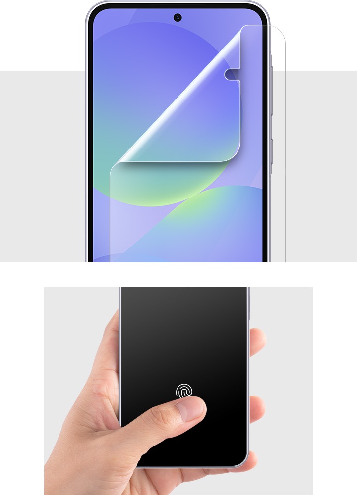 총 2가지 이미지입니다. 왼쪽은 갤럭시 기기에 AR 필름을 부착하는 과정입니다. 오른쪽은 AR 필름을 부착한 갤럭시 기기를 손에 들고 엄지손가락으로 지문 센서 부분을 누르는 이미지입니다.
