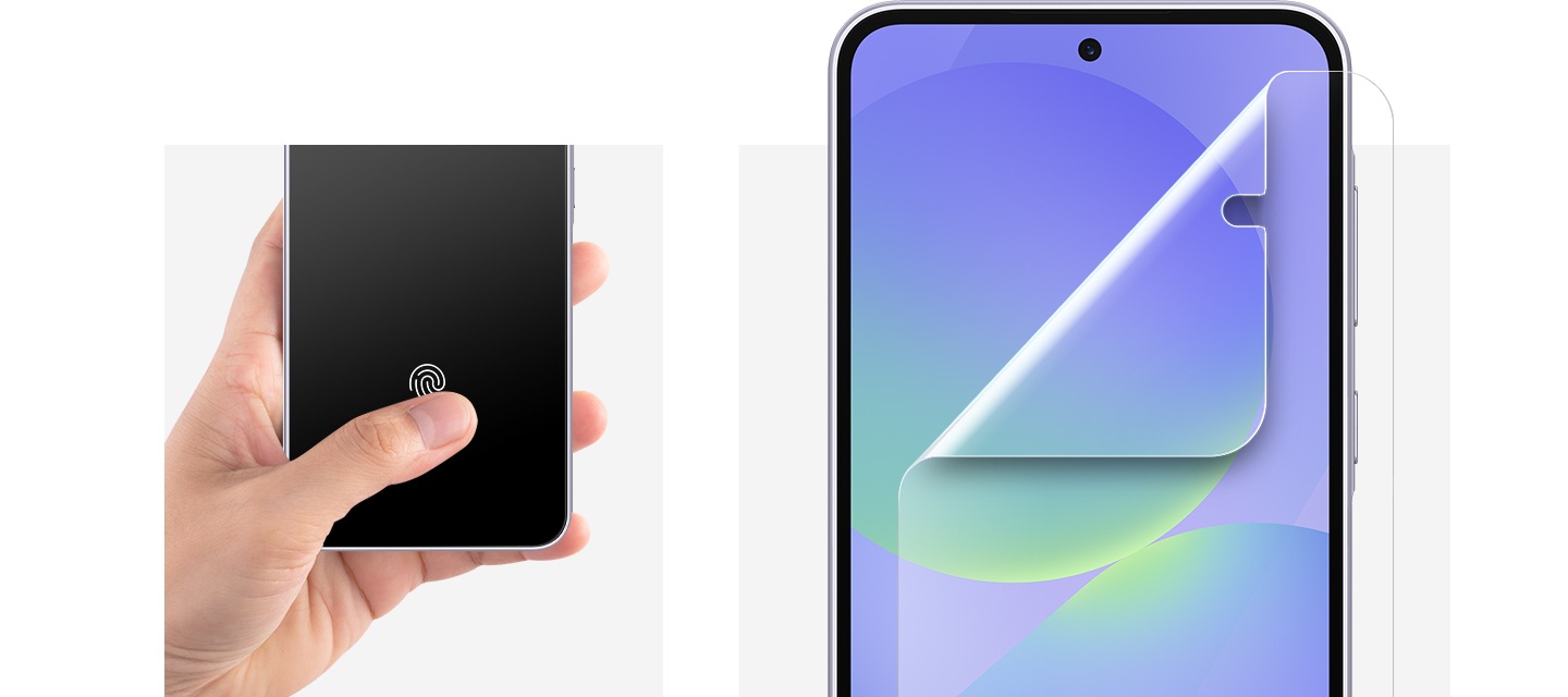 총 2가지 이미지입니다. 왼쪽은 갤럭시 기기에 AR 필름을 부착하는 과정입니다. 오른쪽은 AR 필름을 부착한 갤럭시 기기를 손에 들고 엄지손가락으로 지문 센서 부분을 누르는 이미지입니다.