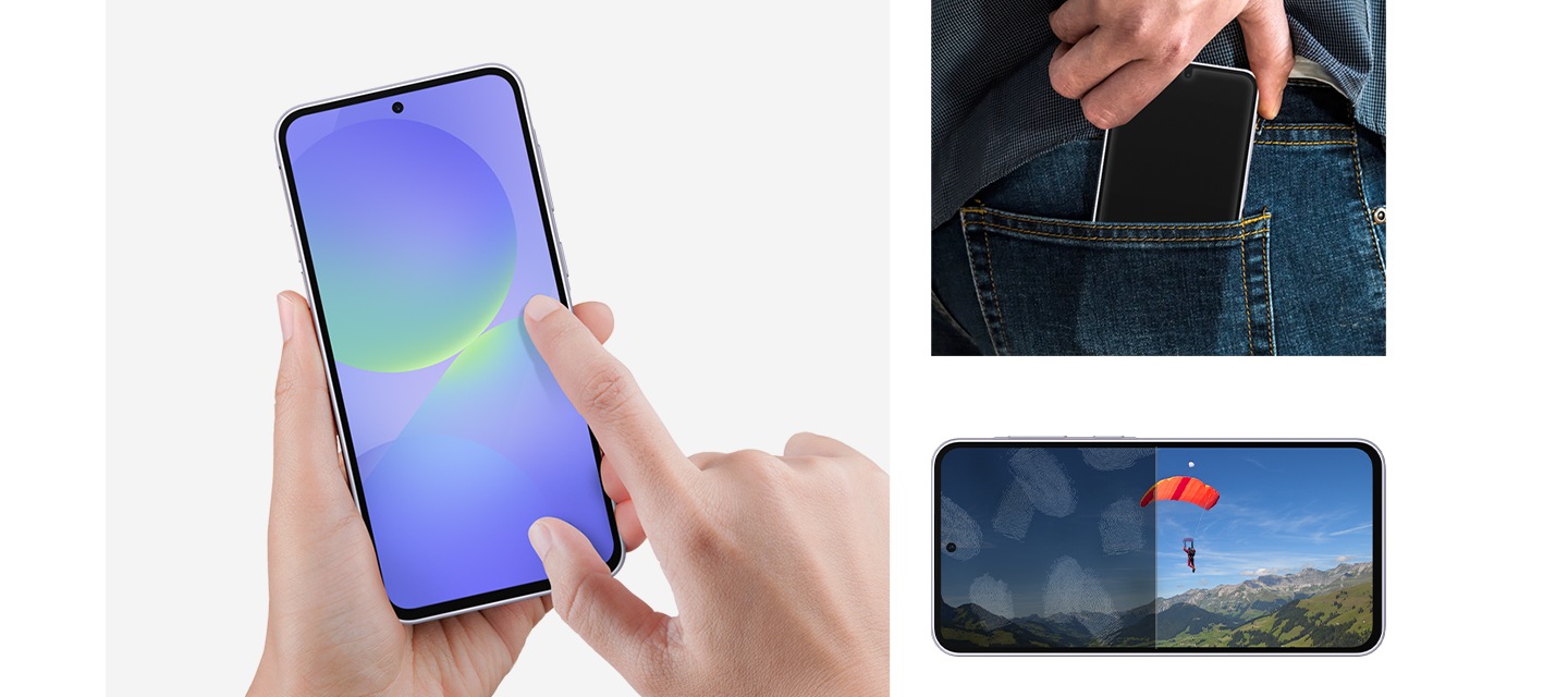 총 3가지 이미지입니다. 왼쪽은 한 사람이 왼손으로 AR 필름을 부착한 갤럭시 A36 5G를 들고 오른손 검지손가락으로 화면을 밀어 넘기고 있는 이미지입니다. 오른쪽 상단은 한 사람이 AR 필름을 부착한 갤럭시 A36 5G를 바지 뒷주머니에 넣고 있는 이미지입니다. 오른쪽 하단에는 가로로 놓인 갤럭시 A36 5G 기기가 있습니다. 화면에는 패러글라이딩하는 사람의 모습이 나타나 있습니다. AR 필름을 부착하지 않은 기기 왼쪽 화면에는 지문이 있지만 AR 필름을 부착한 오른쪽 화면은 선명한 상태를 유지하고 있습니다.