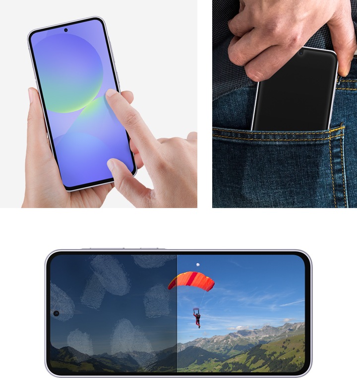 총 3가지 이미지입니다. 왼쪽은 한 사람이 왼손으로 AR 필름을 부착한 갤럭시 A36 5G를 들고 오른손 검지손가락으로 화면을 밀어 넘기고 있는 이미지입니다. 오른쪽 상단은 한 사람이 AR 필름을 부착한 갤럭시 A36 5G를 바지 뒷주머니에 넣고 있는 이미지입니다. 오른쪽 하단에는 가로로 놓인 갤럭시 A36 5G 기기가 있습니다. 화면에는 패러글라이딩하는 사람의 모습이 나타나 있습니다. AR 필름을 부착하지 않은 기기 왼쪽 화면에는 지문이 있지만 AR 필름을 부착한 오른쪽 화면은 선명한 상태를 유지하고 있습니다.