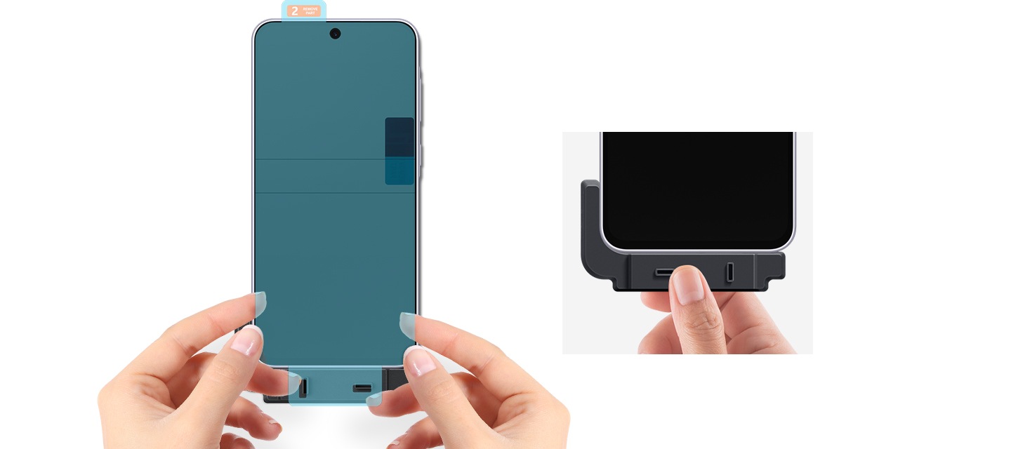 총 2가지 이미지입니다. 왼쪽은 두 손으로 제공된 설치 프레임을 사용하여 AR 필름을 깔끔하게 부착하고 있는 이미지입니다. 오른쪽은 한 손으로 설치 프레임의 일부를 들고 있는 이미지입니다.