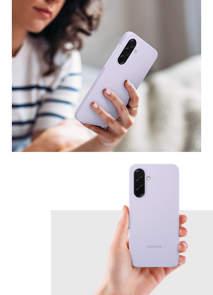 총 2가지 이미지입니다. 왼쪽은 한 손으로 실리콘 케이스를 장착한 갤럭시 A36 5G를 들고 뒷면을 드러낸 이미지입니다. 오른쪽은 실내에서 한 사람이 실리콘 케이스를 장착한 갤럭시 A36 5G를 사용하는 모습을 클로즈업한 이미지입니다.