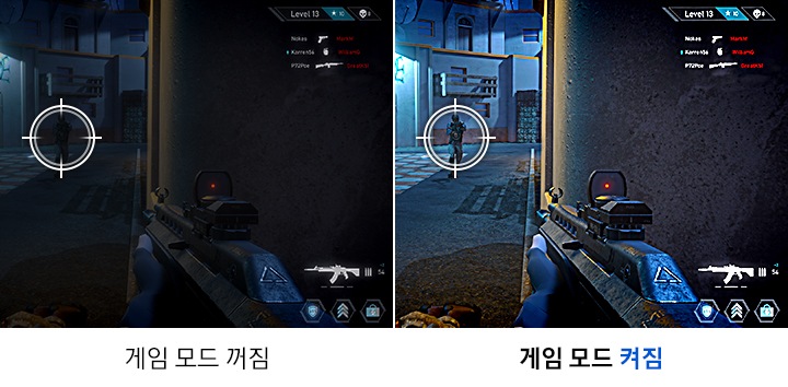 왼쪽에는 게임모드가 꺼진 화면, 오른쪽에는 게임모드가 켜진 화면을 비교하여 명암 대비의 차이를 보여줍니다.