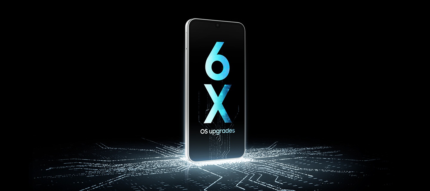 '은은하게 빛나는 회로 위에 갤럭시 와이드8이 세워져 있고, 화면에는 ‘6X OS 업그레이드’라는 문구가 나타납니다