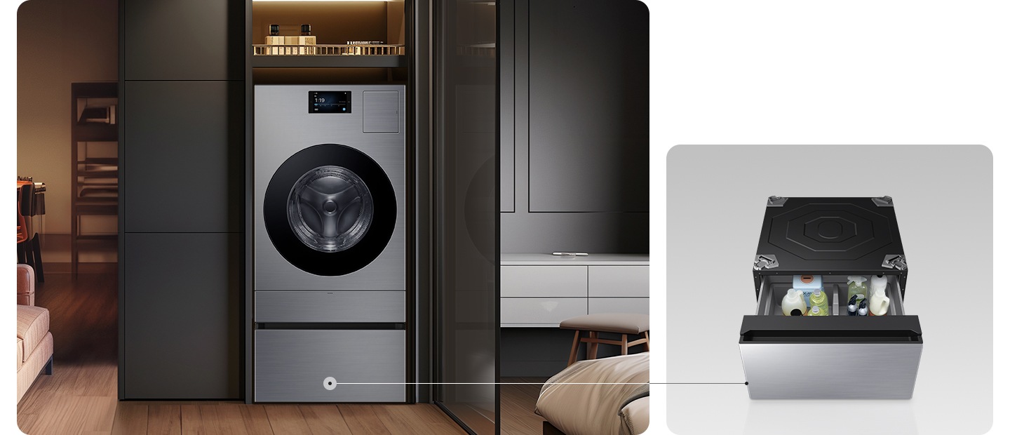 이미지 왼쪽에는 수납장 사이즈 Infinite AI 콤보+ Infinite AI 콤보 수납함 제품 이미지 보입니다. 제품 왼쪽에는 수납장와 소파가 보이고, 오른쪽에는 침실이 보입니다. 이미지 오른쪽에는 수납함 열려있는 이미지 보입니다, 수납함 안에는 각종 세제들이 있습니다.