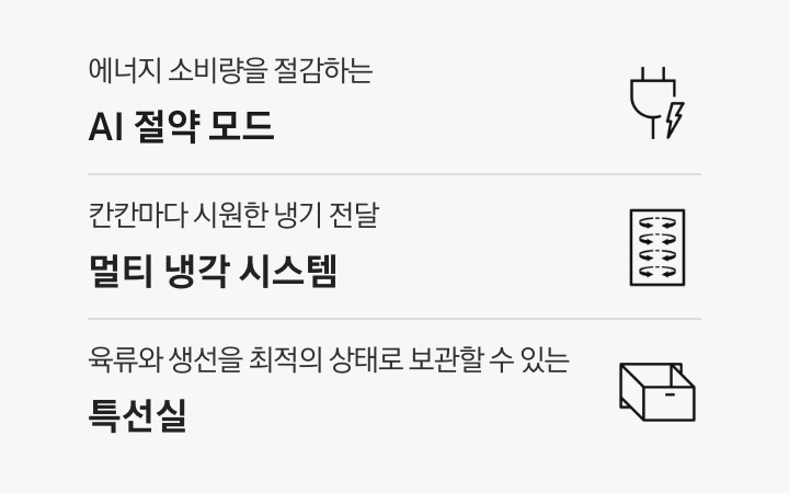에너지 소비량을 절감하는 AI 절약 모드 문구와 아이콘, 칸칸마다 시원한 냉기 전달 멀티 냉각 시스템 문구와 아이콘, 육류와 생선을 최적의 상태로 보관할 수 있는 특선실 문구와 아이콘