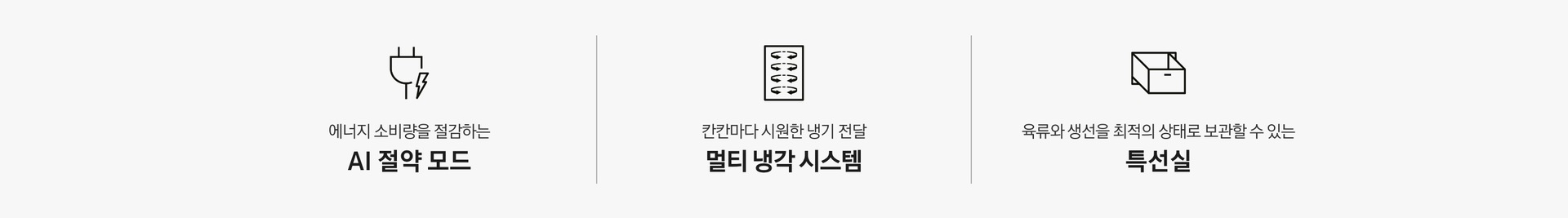 에너지 소비량을 절감하는 AI 절약 모드 문구와 아이콘, 칸칸마다 시원한 냉기 전달 멀티 냉각 시스템 문구와 아이콘, 육류와 생선을 최적의 상태로 보관할 수 있는 특선실 문구와 아이콘