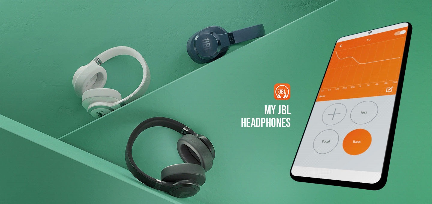 LIVE 660NC 블랙, 화이트, 네이비 컬러가 보이고 있습니다. 우측에는 My headphone app 내 사운드 효과를 지정할 수 있는 화면이 보입니다.