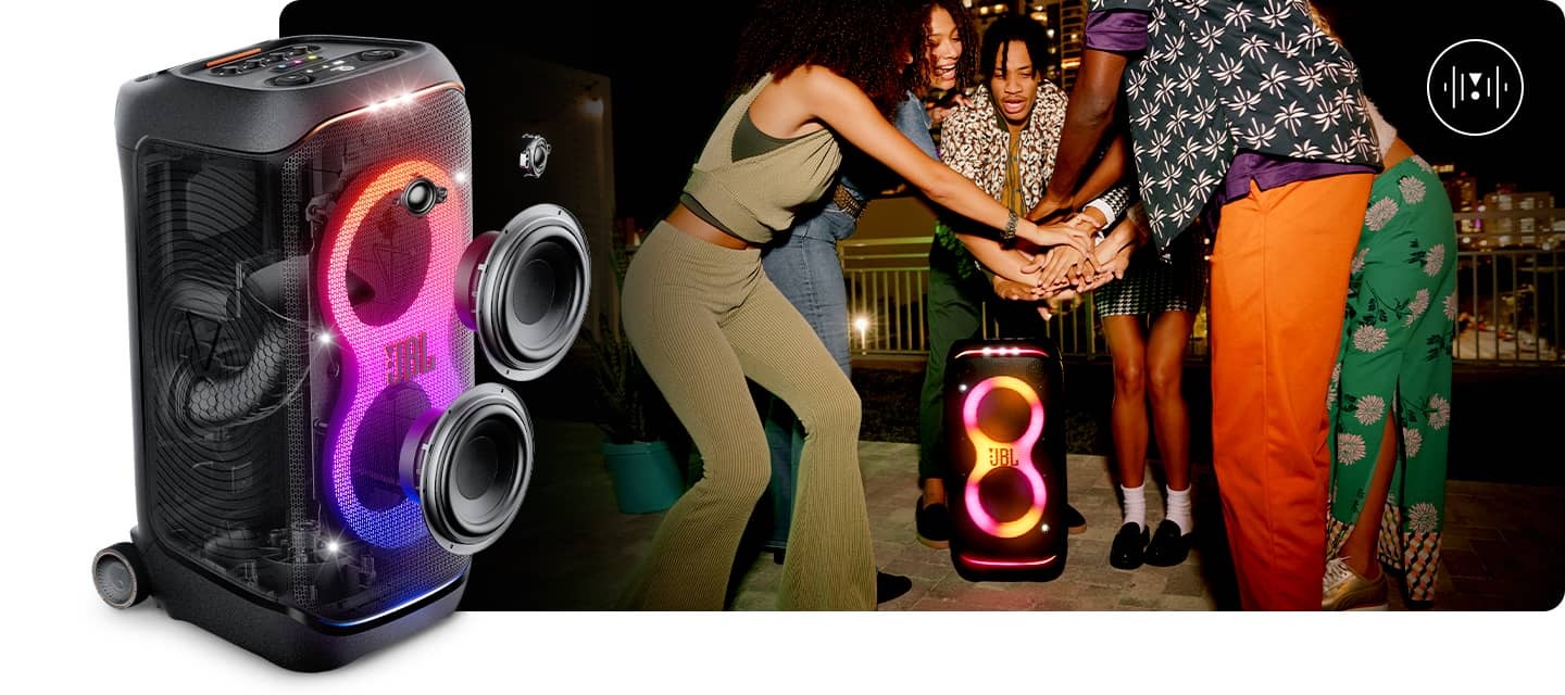 오 : 사람들이 제품을 가운데 두고 그 위에서 손을 모아 파이팅을 하고 있습니다. 왼 : 제품 왼쪽 45도 측면 컷이 보이며, 제품 내부와 우퍼와 돔 트위터가 보입니다.