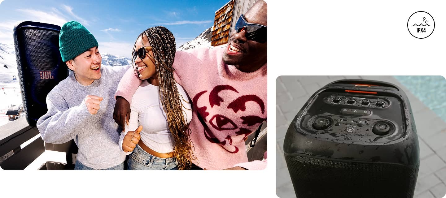 왼 : 난간에 제품이 올려져 있고 그 앞에는 남성 두명과 여성 한명이 있습니다. 오 : 제품의 윗면이 보이며 제품에는 물기가 묻어 있습니다.