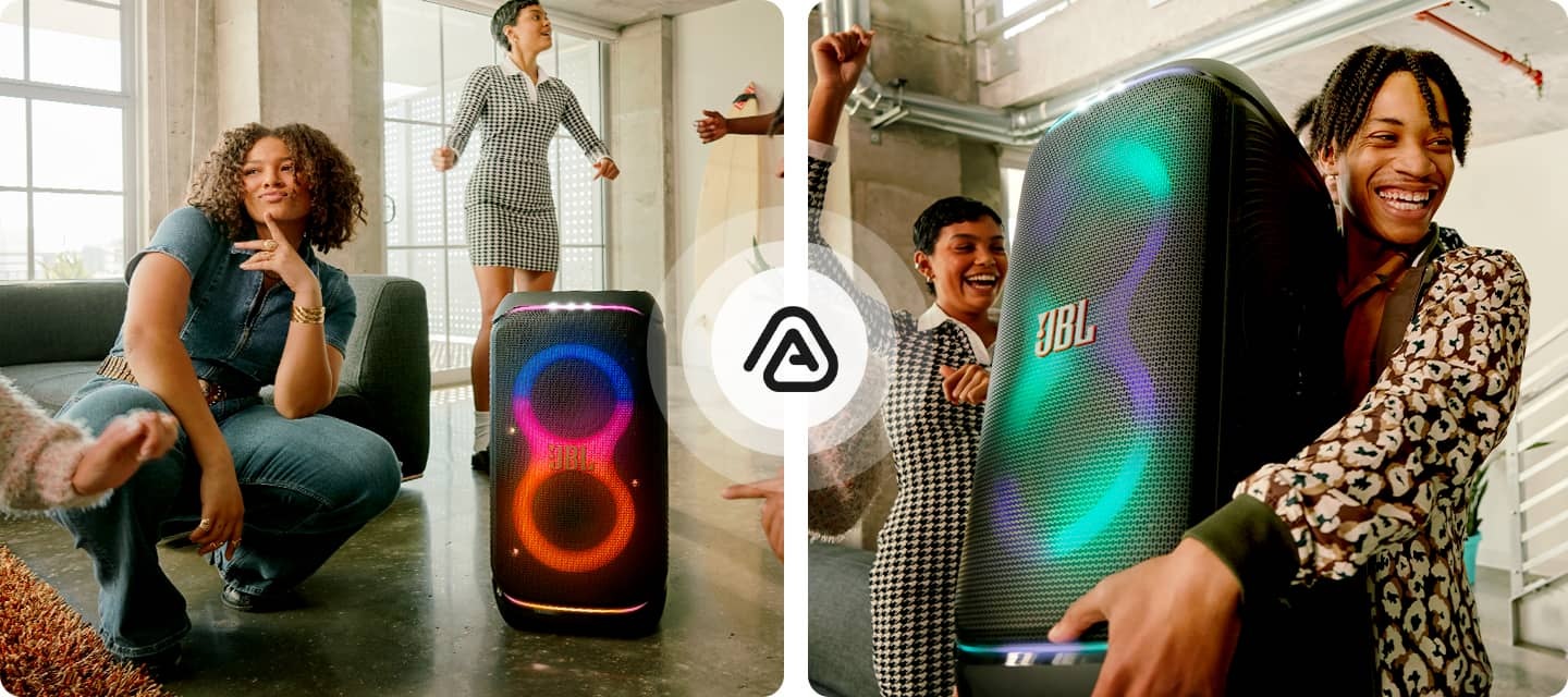 왼 : 제품 옆에 여성이 않아 있습니다. 오 : 남성이 제품을 들고 있고 그 뒤에서 여성이 신나게 손을 들고 있습니다.